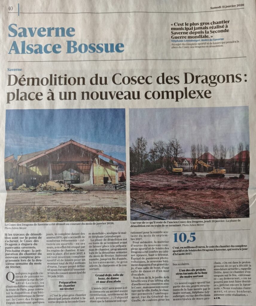 Saverne Alsace Bossue : Démolition du Cosec des Dragons : place à un nouveau complexe. DNA du 31/01/2026