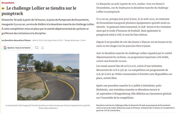 Drusenheim : Le challenge Lollier se tiendra sur le pumptrack. DNA du 25/08/2026
